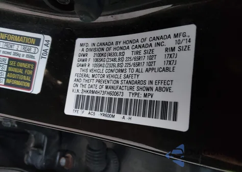 2015 Honda Cr-V Exl from USA, damaged, VIN 2HKRM4H73FH600673